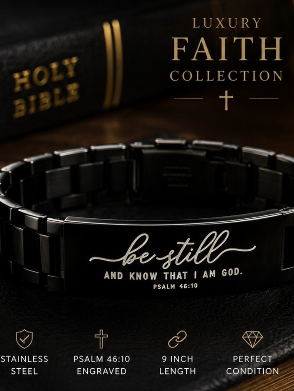 Black Stainless Steel Psalm 46:10 Be Still Bracelet 9" Christian Unisex Bracelet